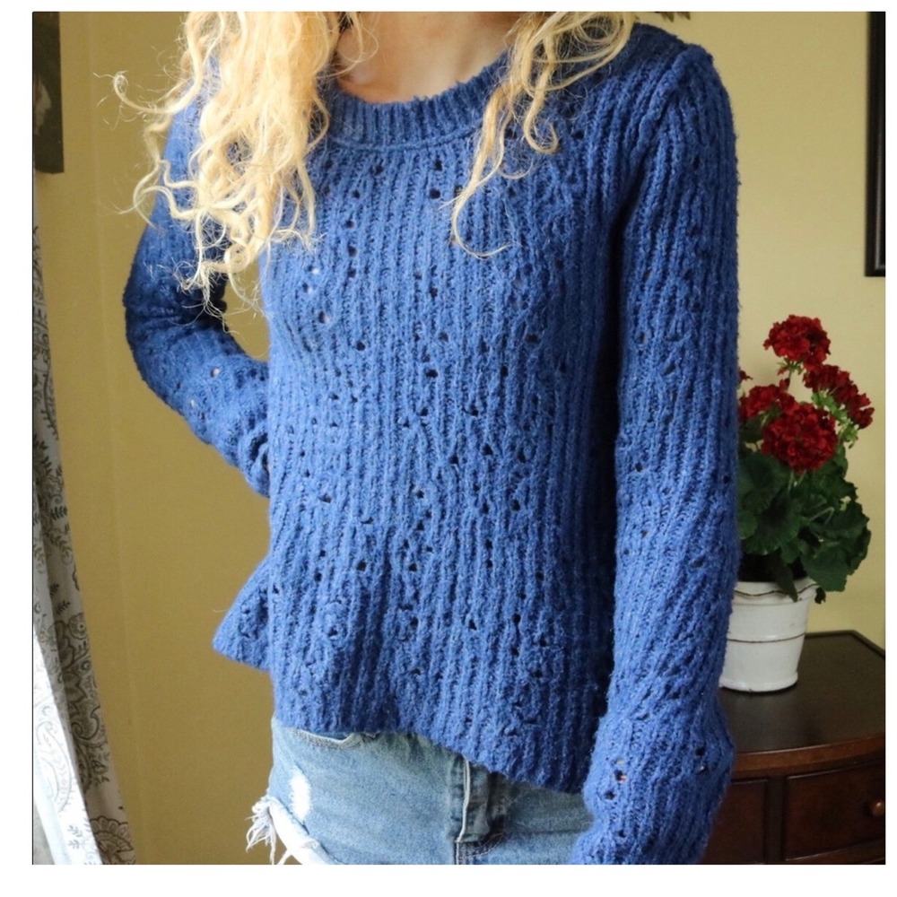 Free People Womens Cotton Wool Blend Sweater S Navy Blue Pointelle Boho Granola
